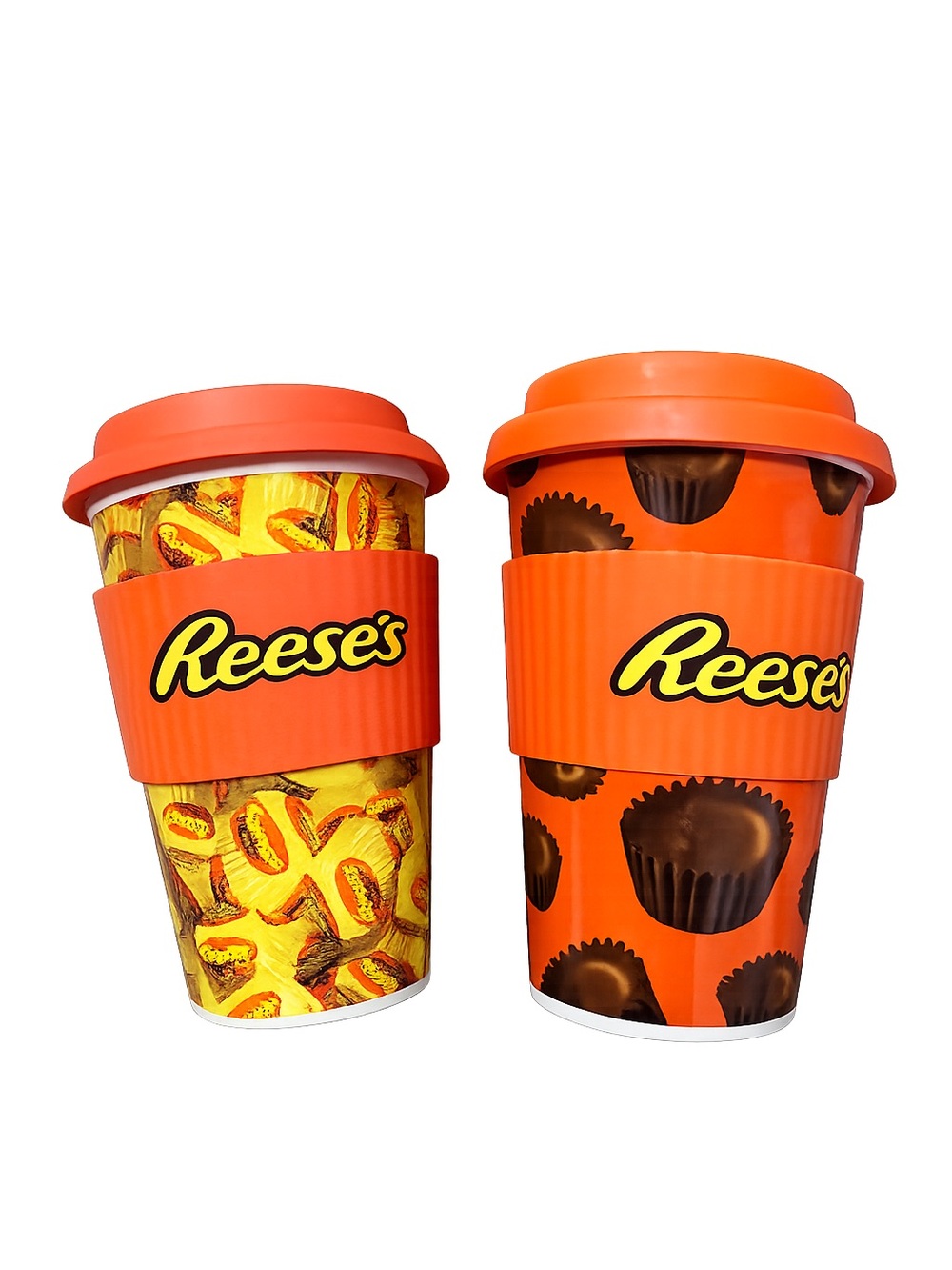 Lot of 2 Reese’s‎ Ceramic Travel Coffee Mugs w/ Lids & Silicone Sleeves
